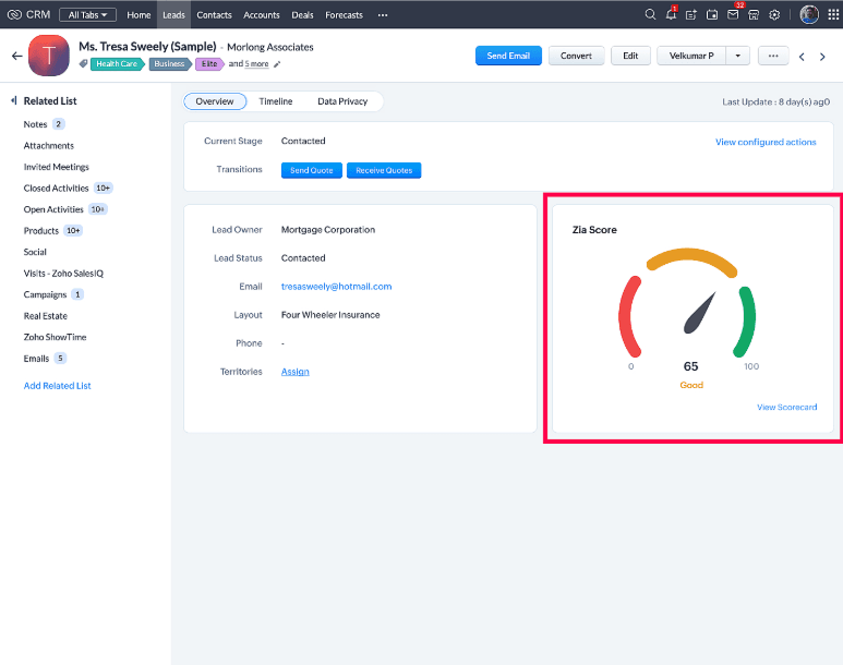 Zoho CRM Zia AI Lead Scoring